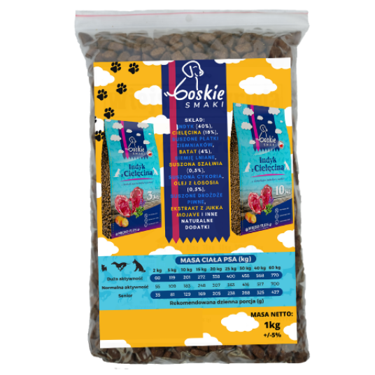 Boskie Smaki - Bezzbożowa karma dla psa Indyk z Cielęciną 1kg - w strunowym woreczku