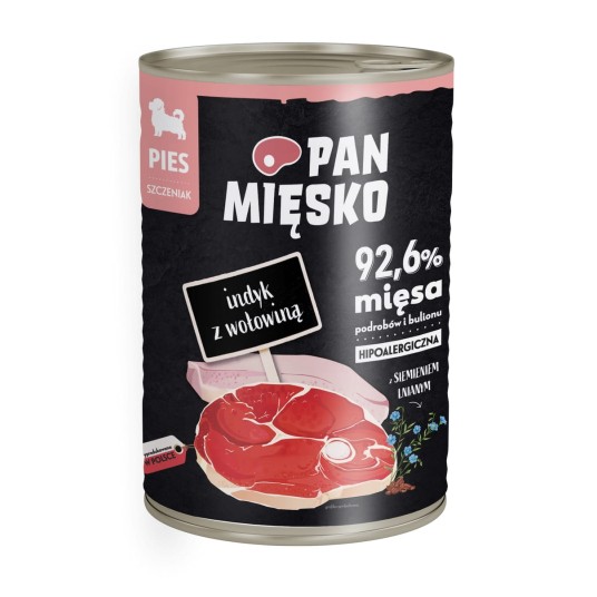 Karma Mokra dla psa Indyk z Wołowiną dla szczeniąt 400g Pan Mięsko