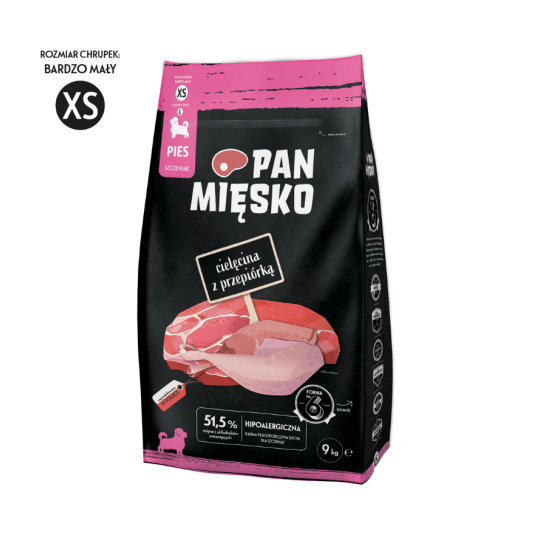 Pan Mięsko Cielęcina z Przepiórką 9kg Karma dla szczeniąt 51,5% Małe Chrupki