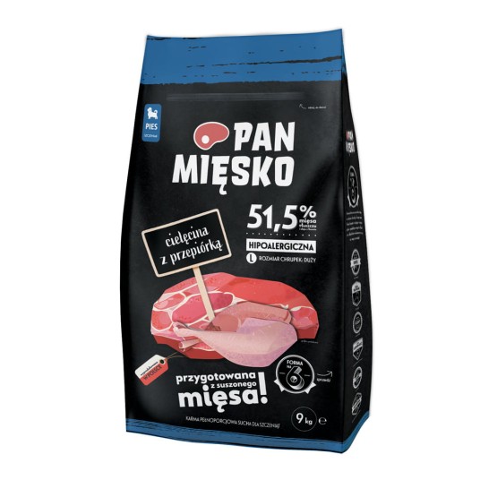 Pan Mięsko Cielęcina z Przepiórką 9kg Karma dla szczeniąt 51,5% mięsa Duże Chrupki
