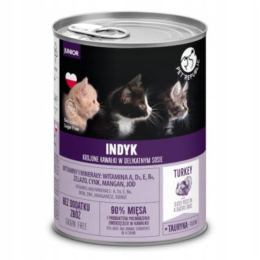 PetRepublic Puszka karma mokra dla kota JUNIOR kawałki w sosie z indykiem 400g