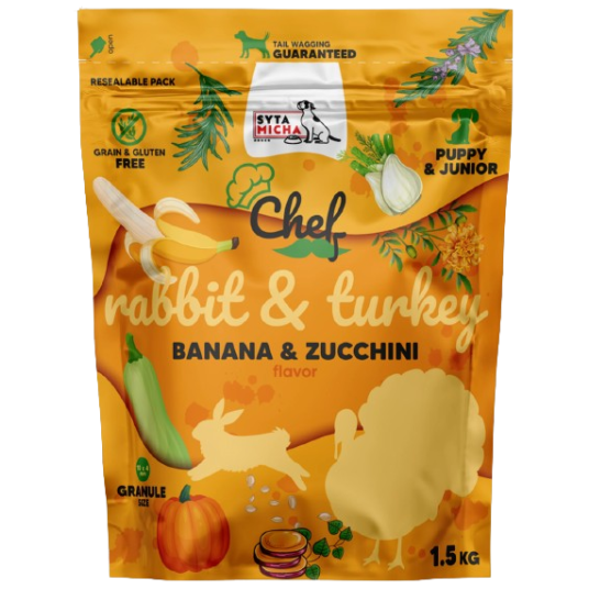 Syta Micha CHEF JUNIOR Sucha karma dla szczeniąt Królik Indyk Banan i Cukinia 1.5kg