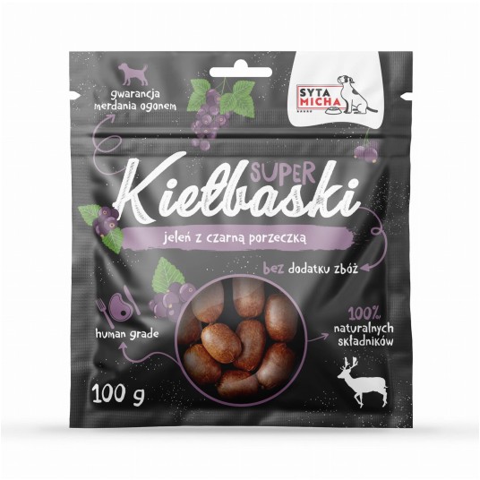 Syta Micha Super kiełbaski dla psa Jeleniem i czarną porzeczką 100g