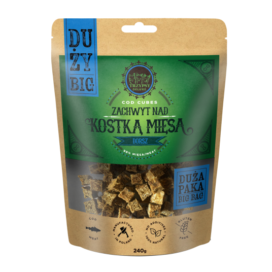 TRZYPSY DUŻY ZACHWYT NAD KOSTKĄ MIĘSA z Dorsza Smaczki dla psa 240g