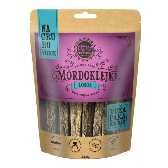 TRZYPSY MORDOKLEJKI NA GRUBO Przysmaki dla psa z Łososia 240g